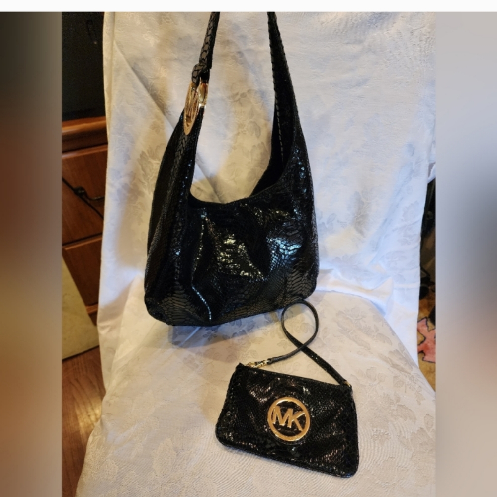 MK Black Snake Skin Hobo Bag + Wristlet